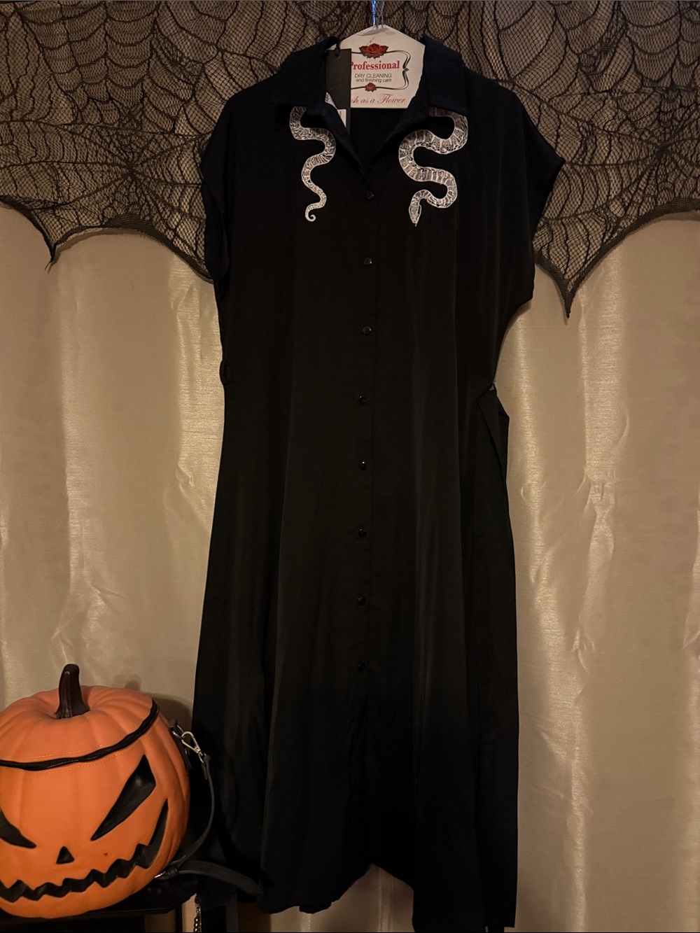 Disturbia Slither Relaxed Midi Shirt Dress with White Snake Embroidery Gothic - Picture 10 of 12